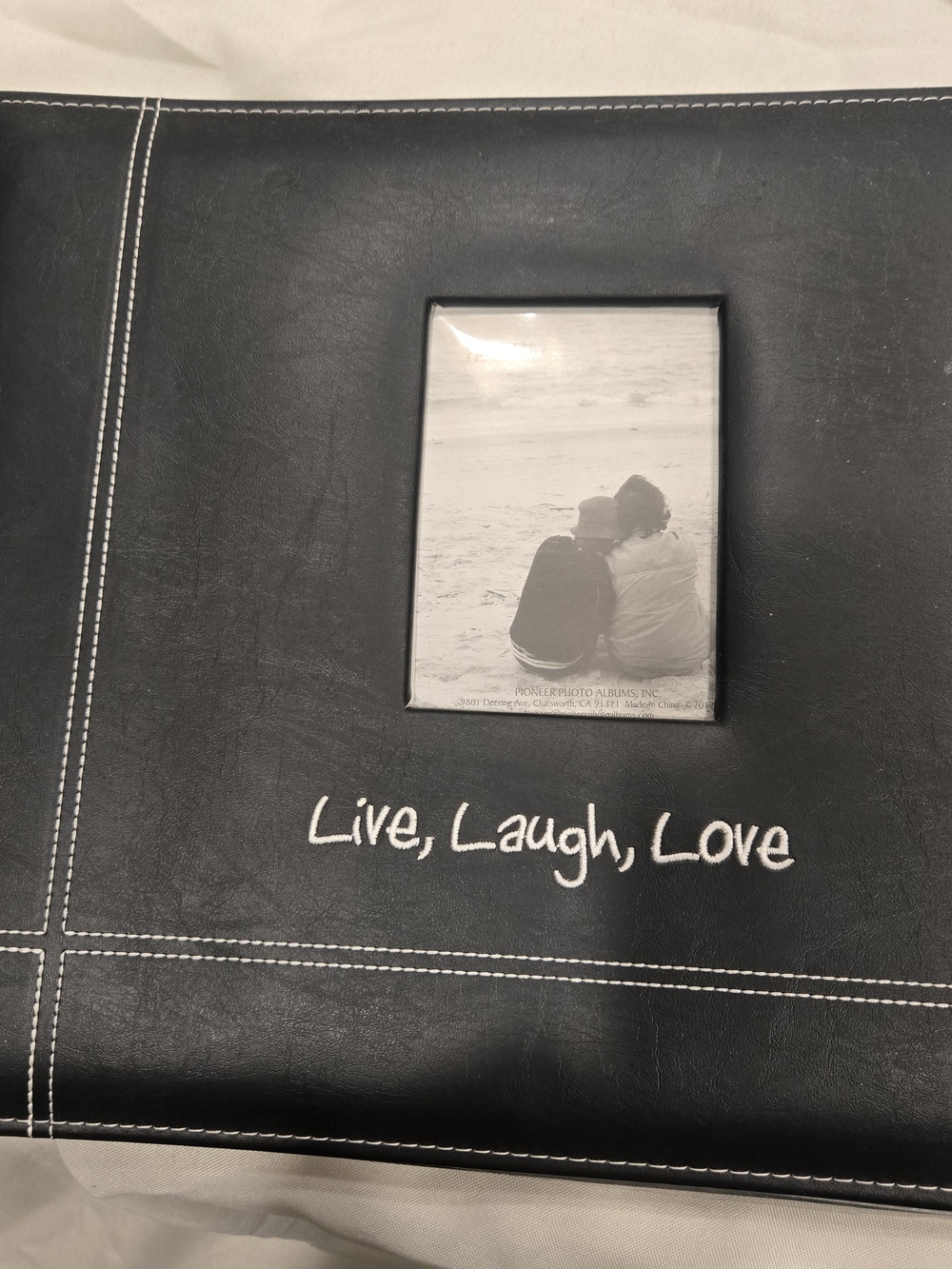 New Black Scrap Book with White Stitching and 'Live, Laugh, Love' Script